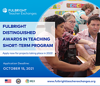 teacher pointing at computer screen with text overlay announcing Fulbright Teacher Exchanges application dates