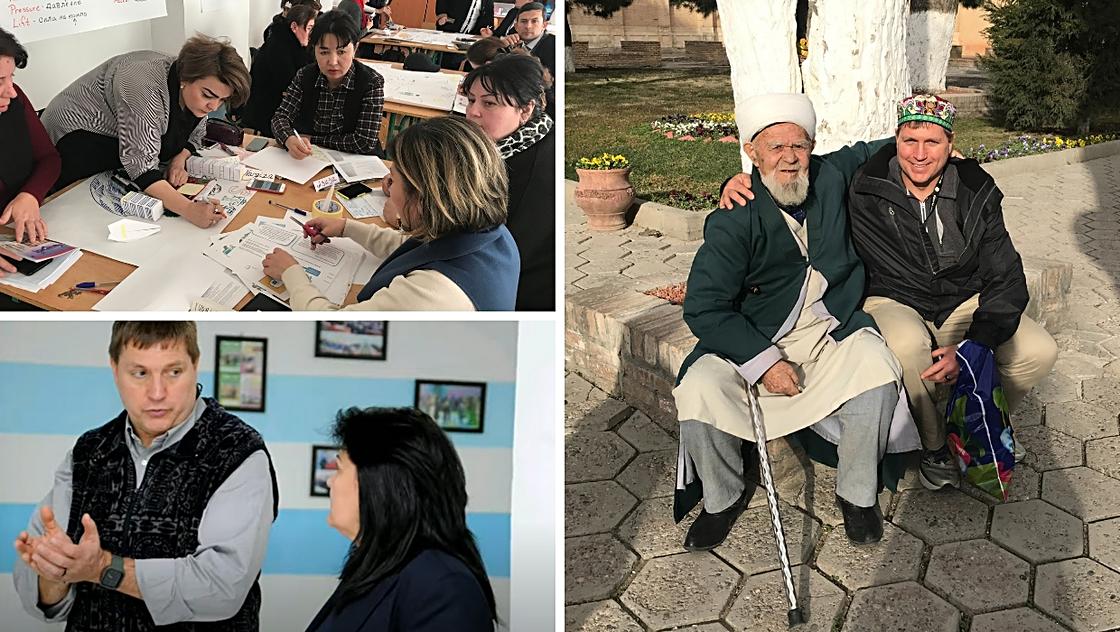 educator and Uzbek locals arm-in-arm, in conversation, and completing a poster activity