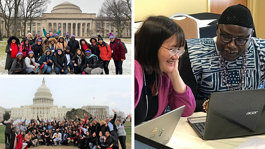 A 3 photo collage: Top left: a photo of the group at MIT. Bottom left: a photo of the group at the U.S. Capitol. Right: a photo of 2 participants working together, sharing a laptop.
